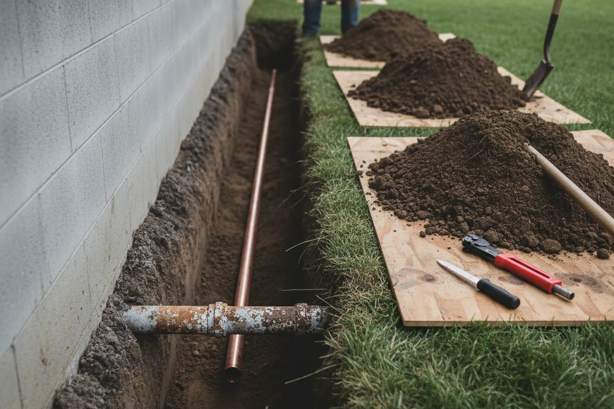 Excavated water line trench during Sewer Line Repair in Vader